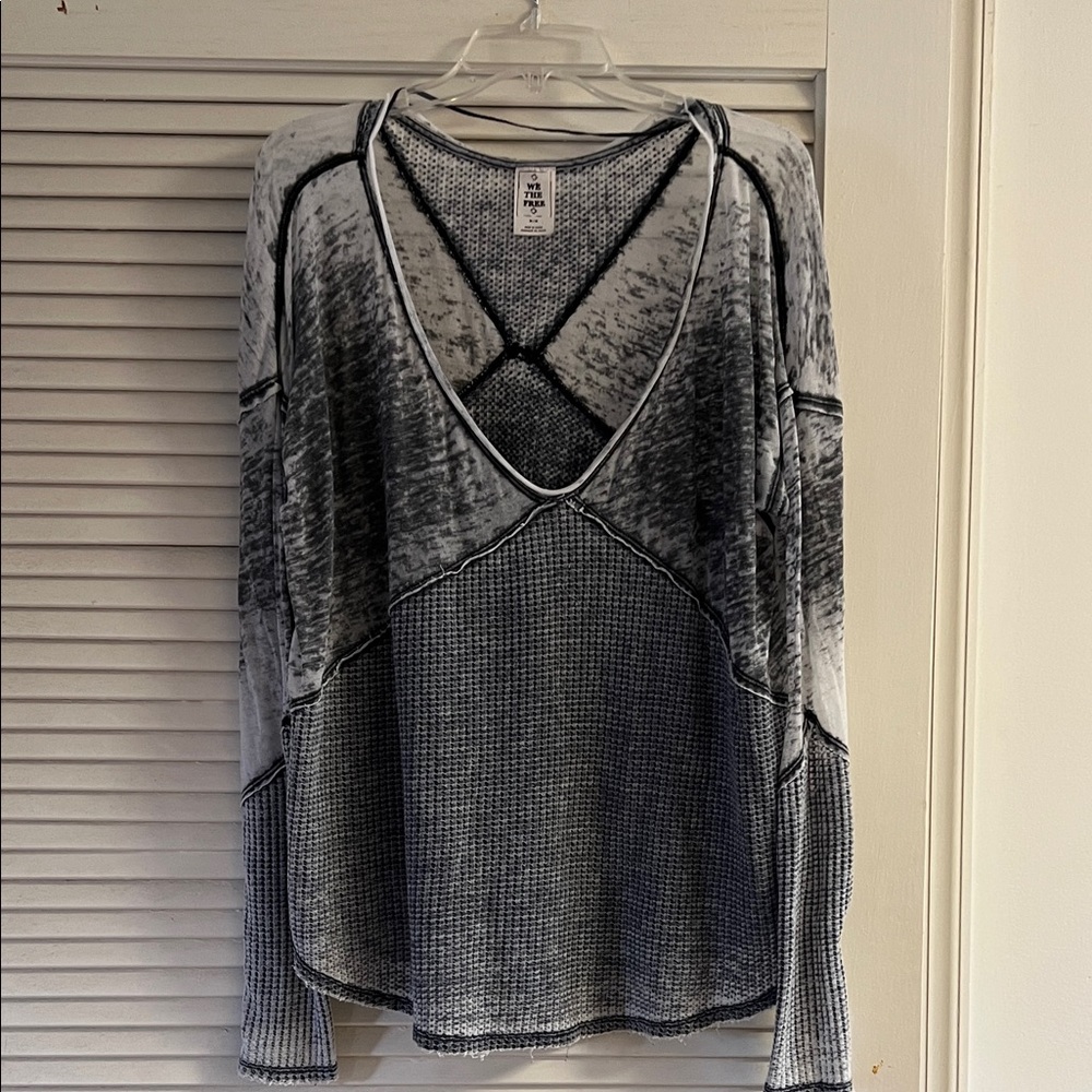 Free People Black Burnout L/S Mixed Media Top